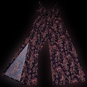marianne Stretchy Paisley Bandana Print Jumpsuit Spaghetti Strap - Navy and Pink